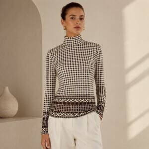 Tory Burch Brown Tan Dot Stretch Knit Back Zip Knit Top Small